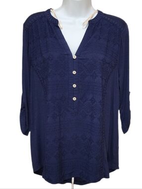 Democracy Embroidered Lace Blouse Top Split Neck Roll Tab 3/4 Sleeve Navy Blue